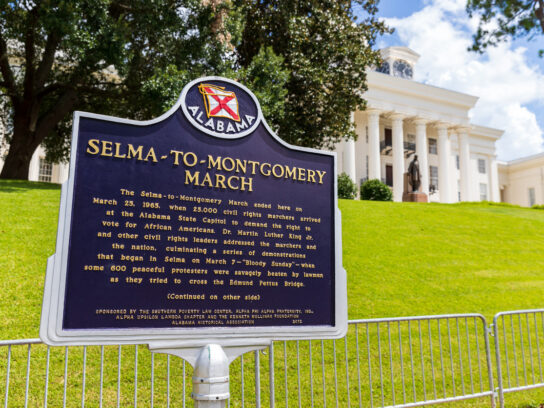 photo of Montgomery, AL / USA - August 27, 2020: Selma To Montgomery March historical marker in front of the State Capitol in Montgomery, Alabama