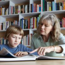 photo of woman and grandson reading together in library