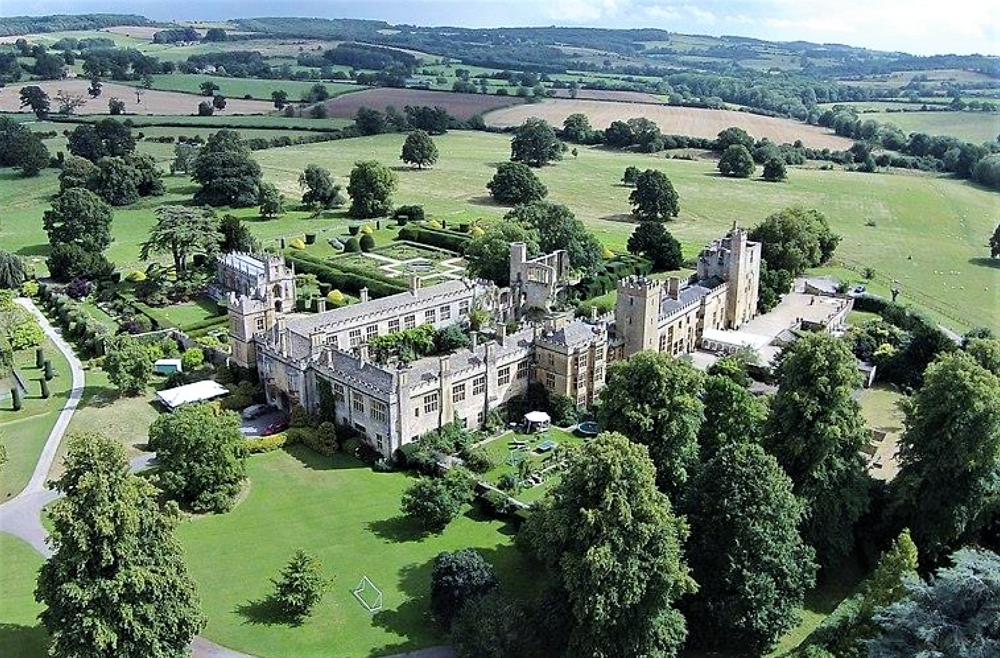 3. Aerial view of Sudeley Castle; the dig site was in the upper left of the photo; beyond the castle in the trees to the upper left of the square garden.