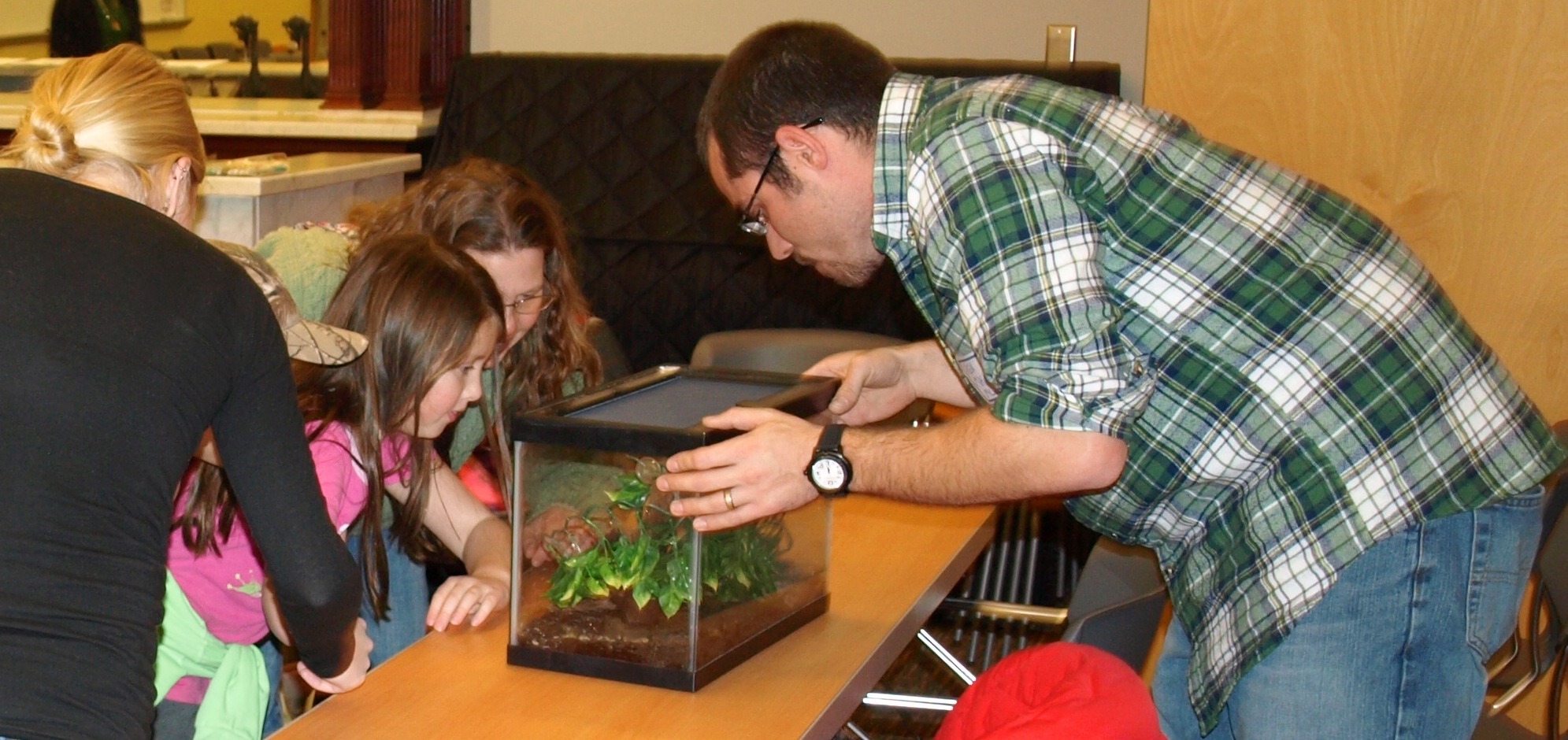 Image of DEP staff biologist showing kids a gray treefrog.