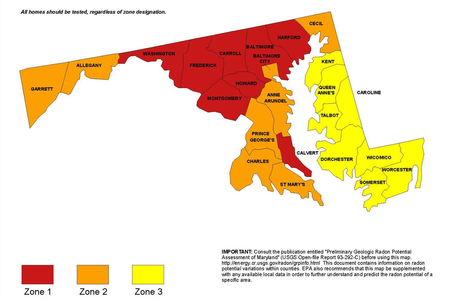 Map of the Maryland Counties' radon zones. Montgomery County is in Zone 1 with the highest risk.