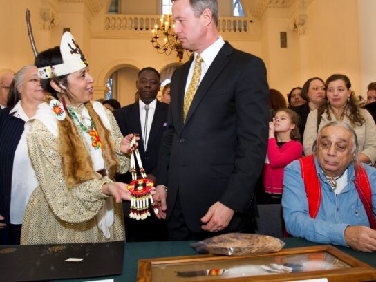 Former Governor Martin O'Malley recognizes the Piscataway Conoy Tribe and Piscataway Indian Nation in 2012. Photo courtesy of Jay Baker.