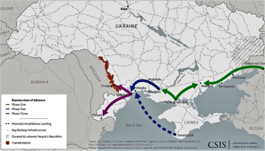 photo of Possible Russian invasion routes to seize the southern coast of Ukraine, link up with the Modovan breakaway, Russian-leaning province of Transdniestria, isolate Ukraine from the West, and threaten Moldova and Romania (courtesy of the Center for Strategic and International Studies (CSIS)).