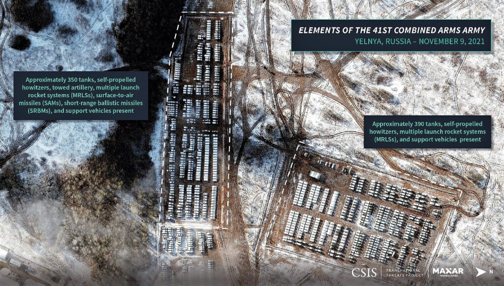A satellite photo of a buildup of Russian military might near Yelna, north of the Ukrainian border, showing over 700 tanks, self-propelled howitzers, rocket launchers, short range ballistic missiles, and other vehicles from the 41st Combined Arms Army (CSIS).