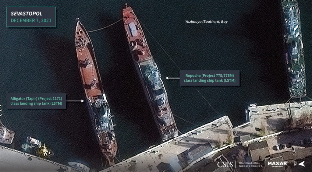 A satellite photo of Sevastapol harbor in the Crimean peninsula, with two Russian tank landing ships ready for war (CSIS).