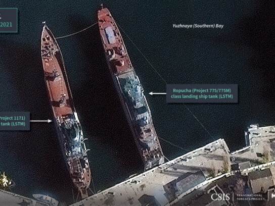 A satellite photo of Sevastapol harbor in the Crimean peninsula, with two Russian tank landing ships ready for war (CSIS).