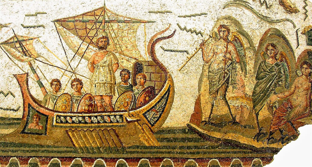 Ulysses, his crew and the Sirens in a Roman mosaic