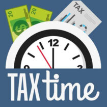 graphic with clock, money, and the words tax time