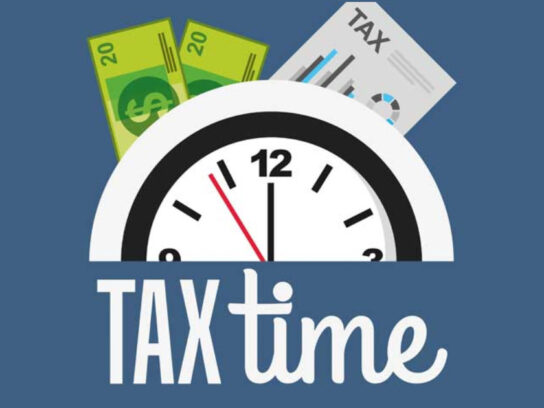 graphic with clock, money, and the words tax time