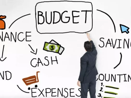 graphic of man writing on white board terms budget finance saving accounting