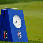 photo of time clock at the 2022 Wells Fargo Championship with an 8 under par at TPC Potomac at Avenel Farms