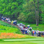 photo of gallery under umbrellas at the 2022 Wells Fargo Championship with an 8 under par at TPC Potomac at Avenel Farms