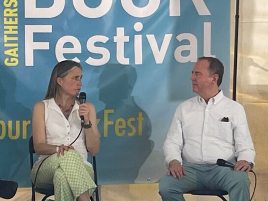 photo of Fiona Hill and Adam Schiff at the Gaithersburg Book Festival