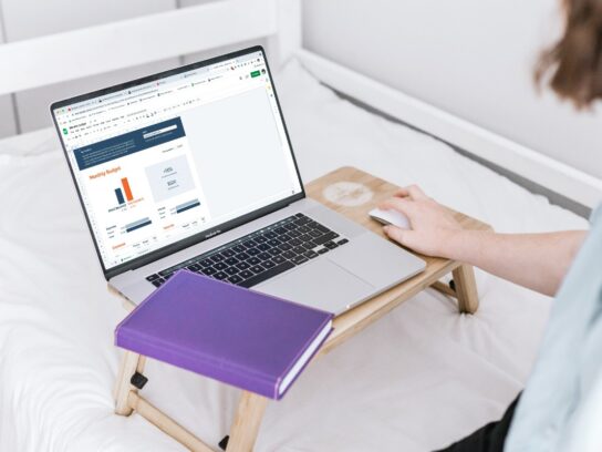 photo of a woman working on a budget on a laptop