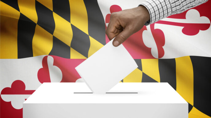 photo of ballot box with us state flag on background maryland flag