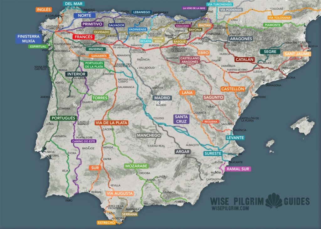 Map of all Camino routes in Spain