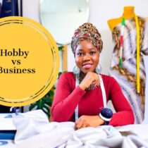 photo of woman seamstress with sign hobby vs business