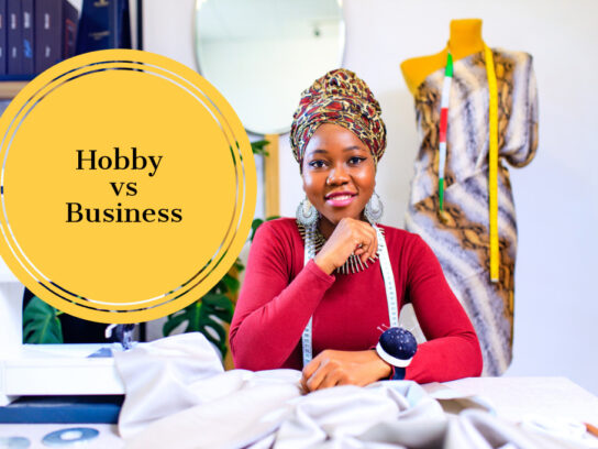 photo of woman seamstress with sign hobby vs business