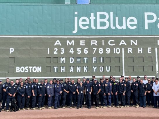 Maryland Task Force One poses with a thank you message at JetBlue Park in Fort Myers, Fl. Photo courtesy of MCFRS Chief Spokesperson Pete Piringer.