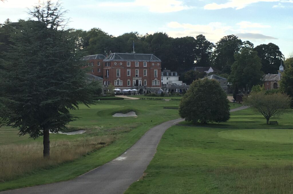 A view of the RAC Woodcote complex from the paved Captain’s Drive that leads to Epsom Downs.
