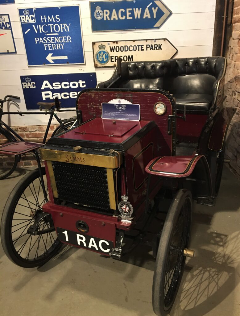 The pre-1900 Simms, built by RAC founder Frederick Simms, with tiller steering, no reverse gear, and capable of a blistering – wait for it – 15 miles per hour!