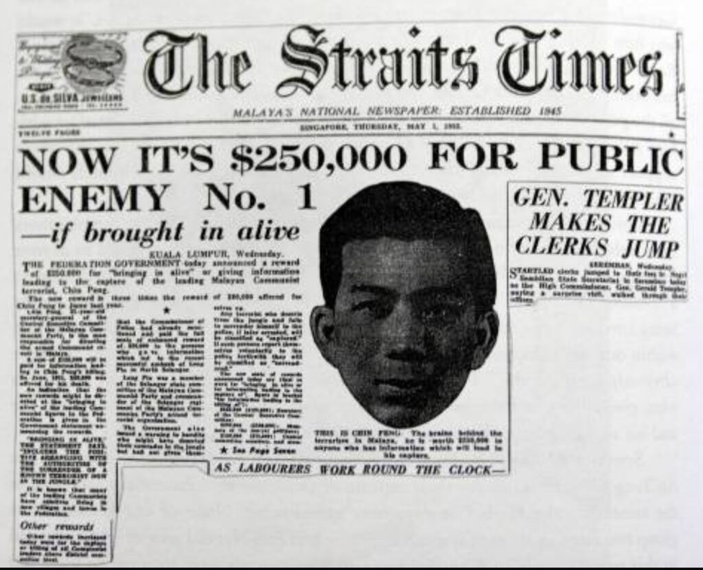 photo of newspaper with headline showing that Chin Peng, Secretary-General of the Communist Party of Malaya (CPM), was the most wanted man in Malaysia and had a large government reward on his head