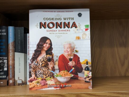 photo of Rossella Rago's book Cooking with Nonna on a bookshelf