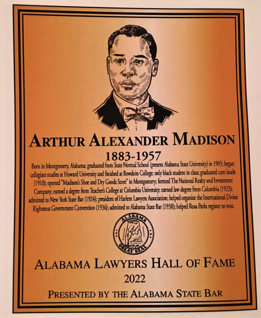 Closeup of plaque for Arthur Alexander Madison, inducted into the Alabama Lawyers Hall of Fame despite being disbarred from the Alabama State Bar.