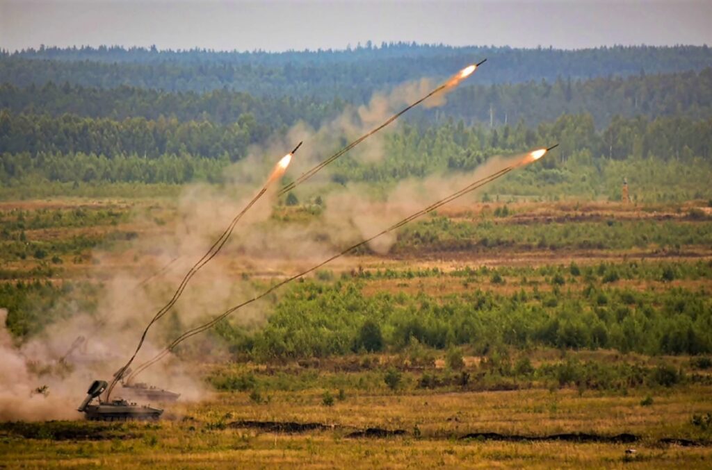 photo of a UR-77 Meteorit mine clearing vehicle throws line charges 98 yards long, which explode and detonate nearby mines in a 6-yard-wide path. The Ukrainian and Russian armies both use this AEV.
