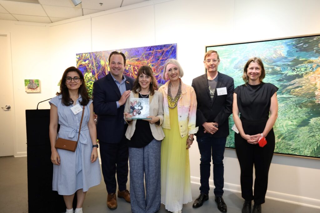 Artist Nicole Santiago at Bethesda Painting Awards with Andrew Friedson, jurors, and Carol Trawick