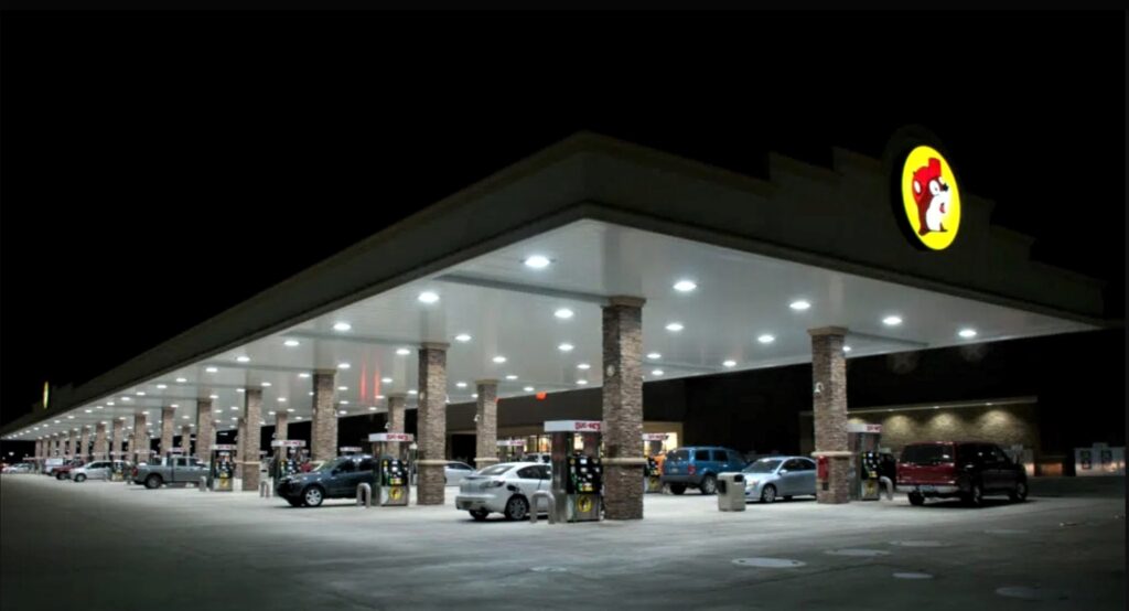 2. Large Buc-ee’s travel centers have 60 to 120 gas pumps. This photo shows one of two gas pump areas at a typical store.