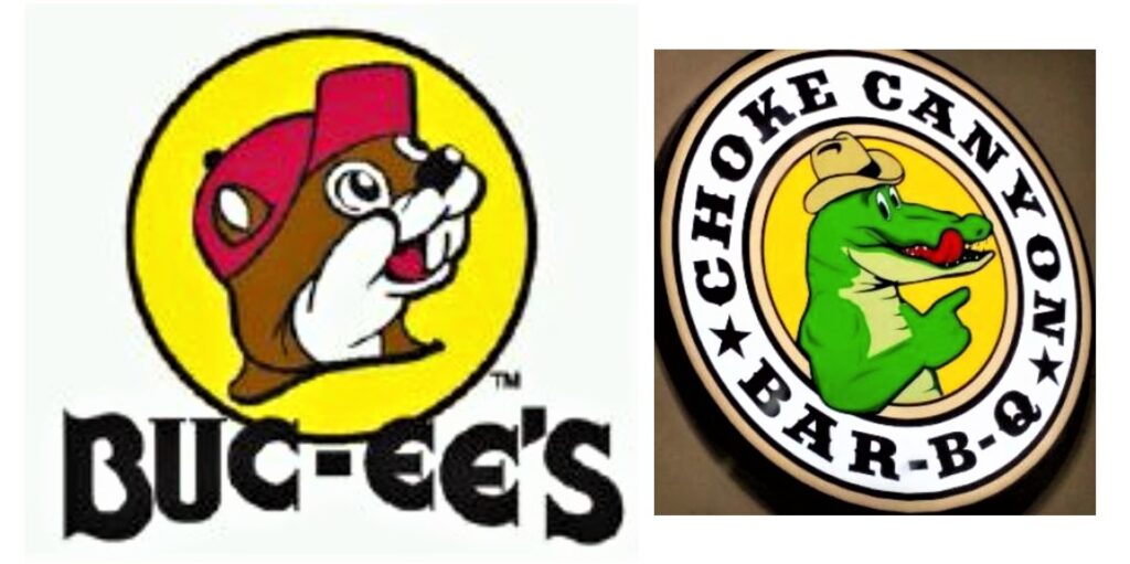 5. Buc-ee’s has sued numerous firms for trademark infringement. The most astounding case was when the Beaver sued the Choke Canyon BBQ Alligator, and won! This, despite the fact that the plaintiffs acknowledged that “even a four-year-old” could tell a brown beaver from a green alligator. Apparently the judge and jury in their wisdom thought that the fact that the figures were cartoons, were in a circle, were wearing hats, and had red tongues, was enough to reward the Beaver. (Texas justice?)
