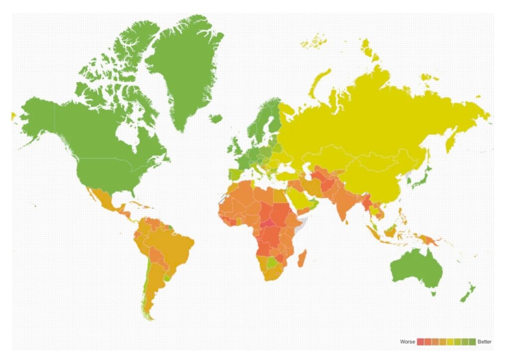 Map showing ready and less ready countries for climate change