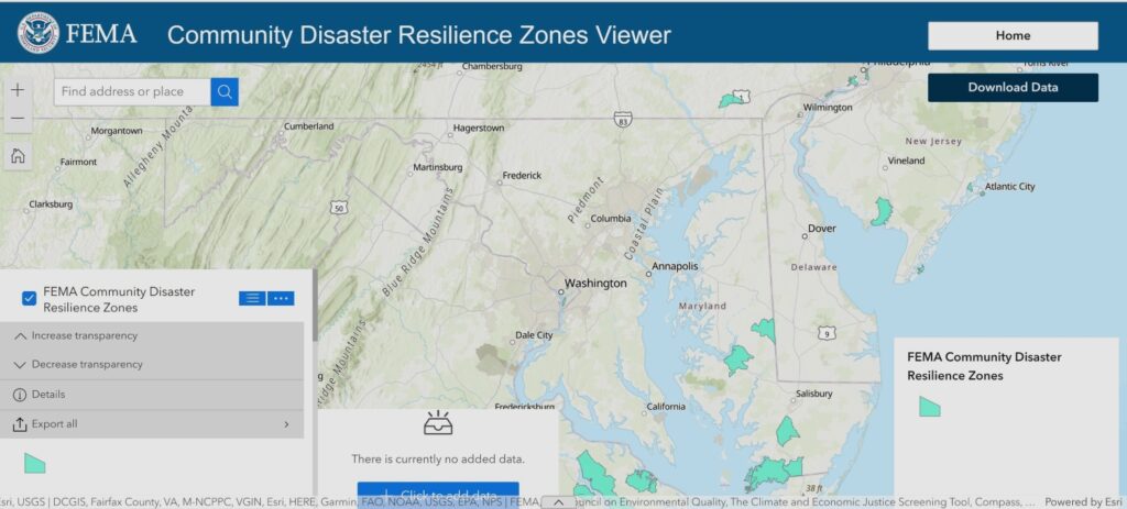 Map of MD showing disaster prone census tracts