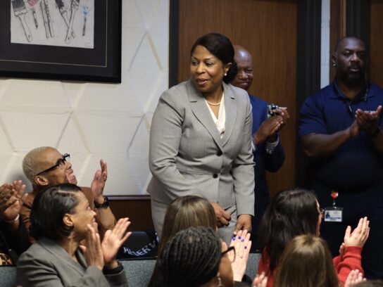 "Dr. Monique Felder receiving applause after her appointment as MCPS interim superintendent during Board of Education meeting Tuesday Feb. 6, 2024" (Montgomery Community Media/Tommy Tucker)