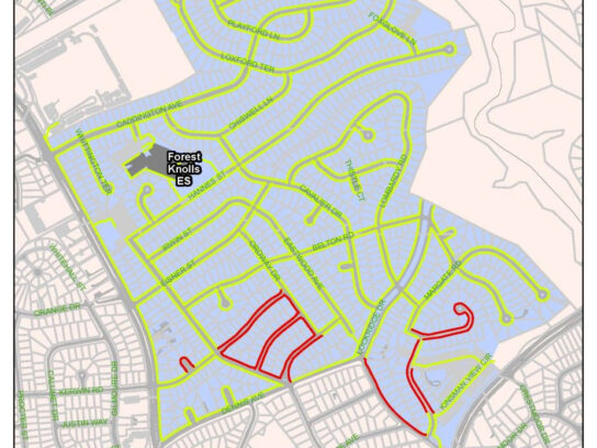 "Map of sidewalks at Forest Knolls Elementary School Neighborhood" Via. MCDOT