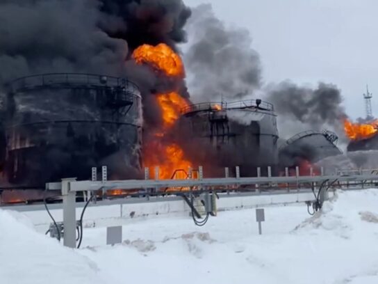 Nevsky Mazut oil depot and refinery in St. Petersburg, Russia on fire after being struck by a Ukranian long range drone